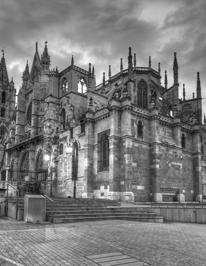 Vista trasera de la Catedral de León en blanco y negro